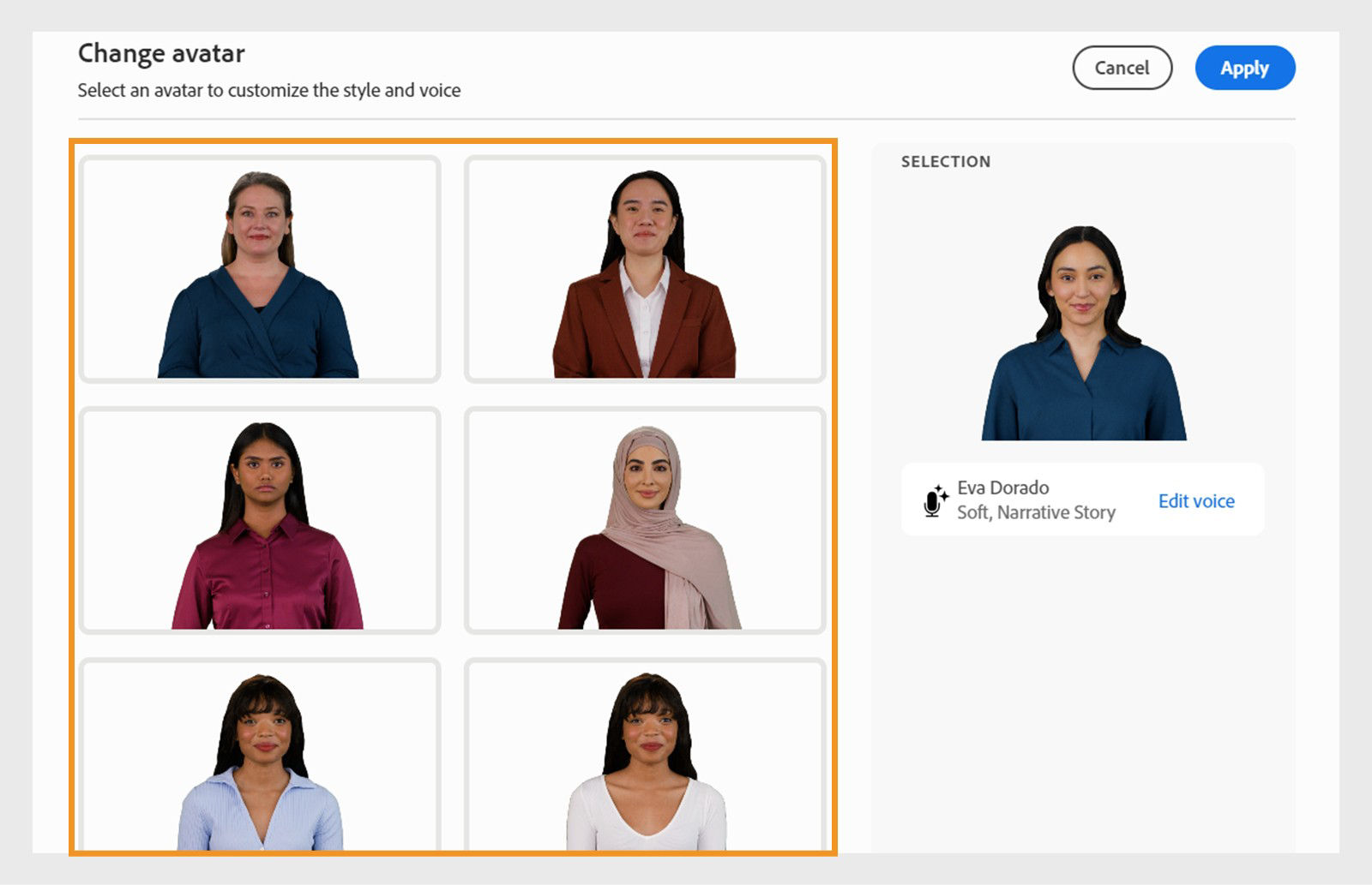 Avatar selection interface showing various digital presenter options with customization controls.