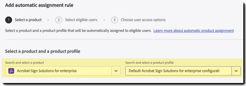 Select the Acrobat sign profile and associated product profile