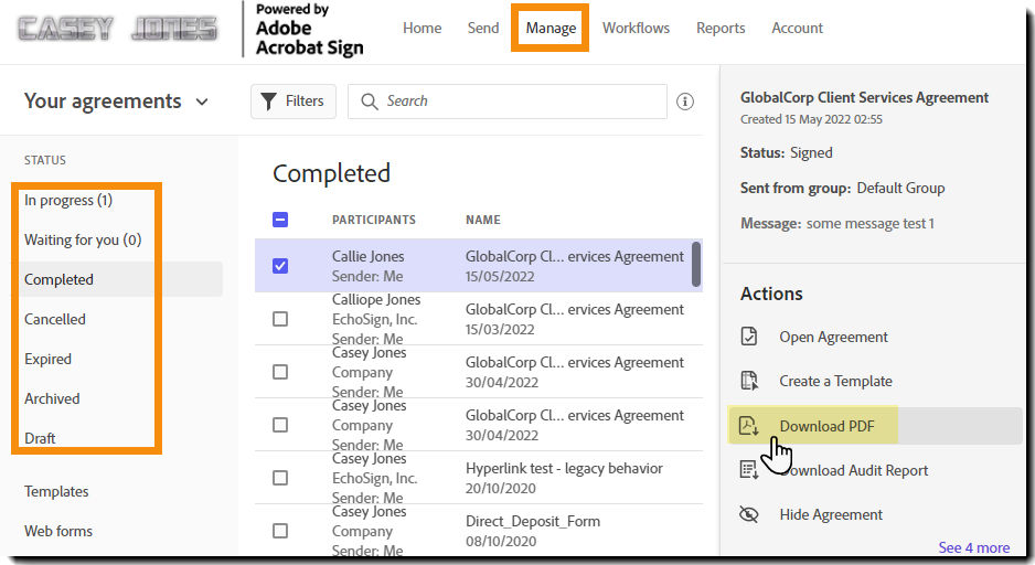 Manage page with the Download PDF action highlighted