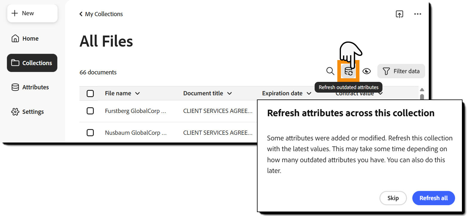 The collection view with the "Refresh outdated attributes" icon highlighted