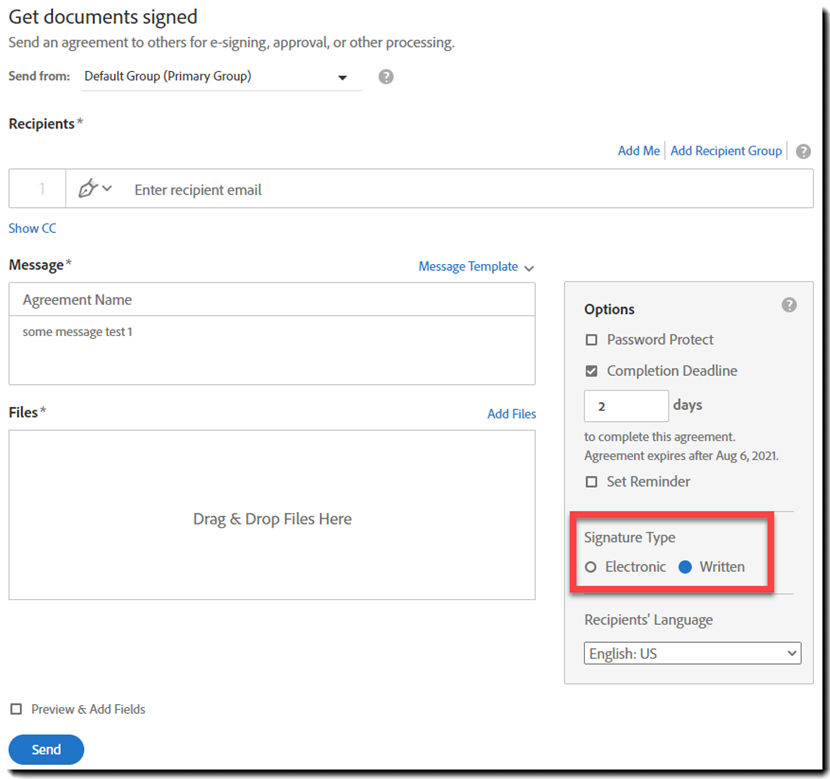 Select the Signature Type as Written