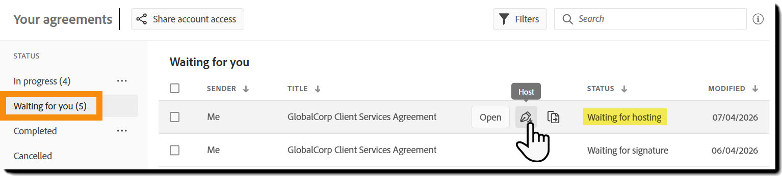 The "Waiting for you" filter on the Manage page highlighting an agreement waiting for hosting