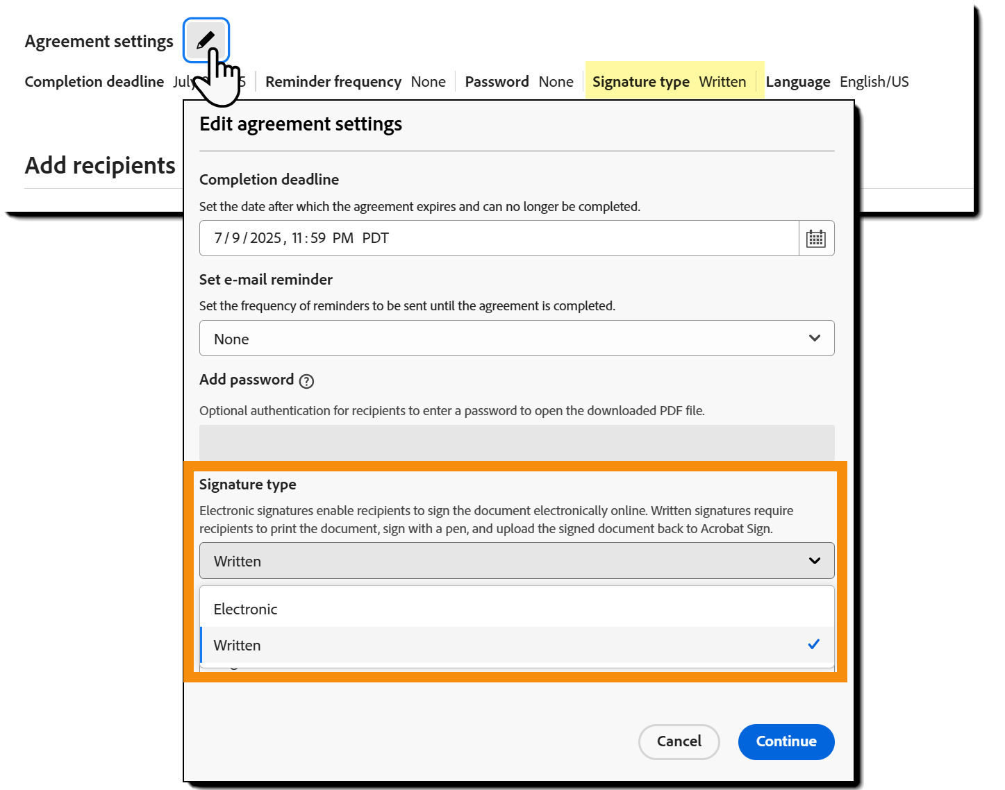 Select the Signature Type as Written
