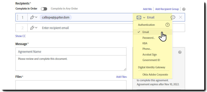 Select the authentication method for the recipient