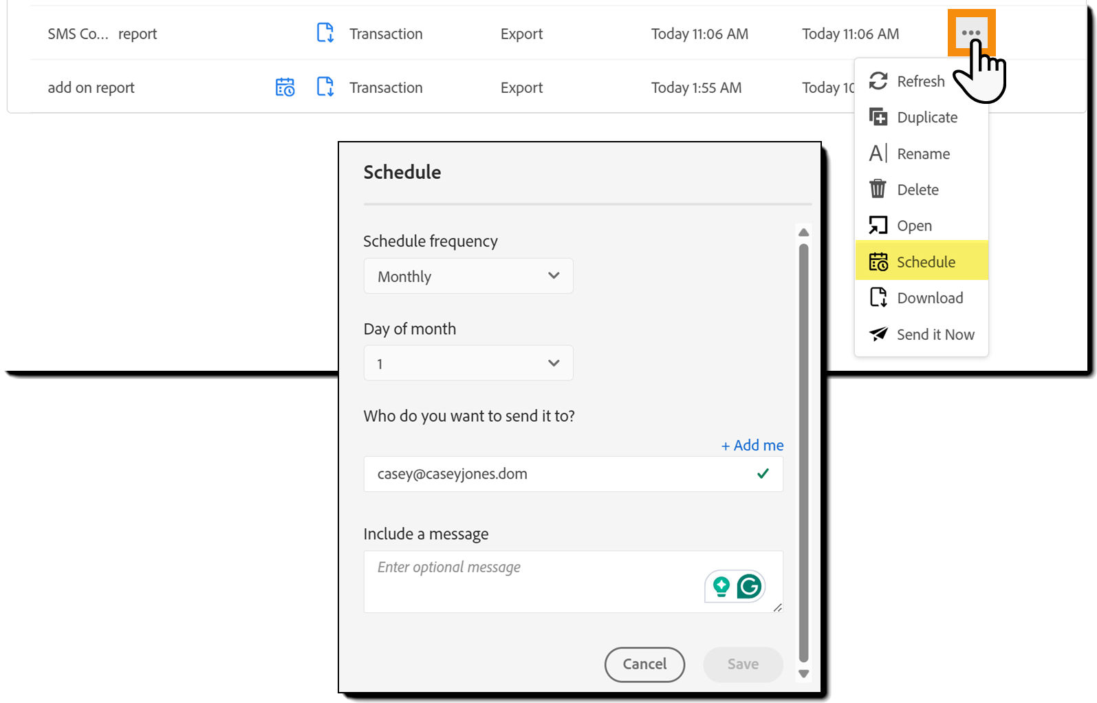 The selected exports Schedule expanded with the Schedule configuration panel inset.