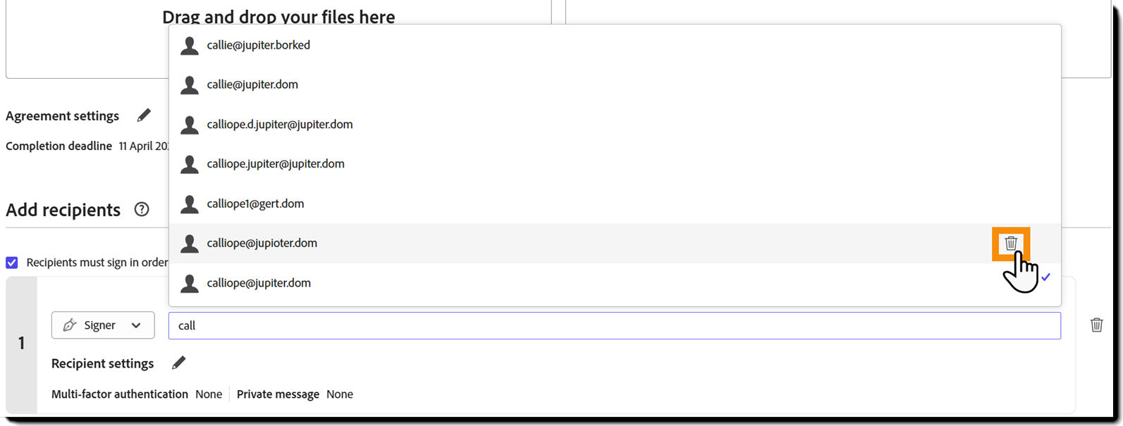 The Request Signature environment showing an address book list of recipients with the delete icon highlighted