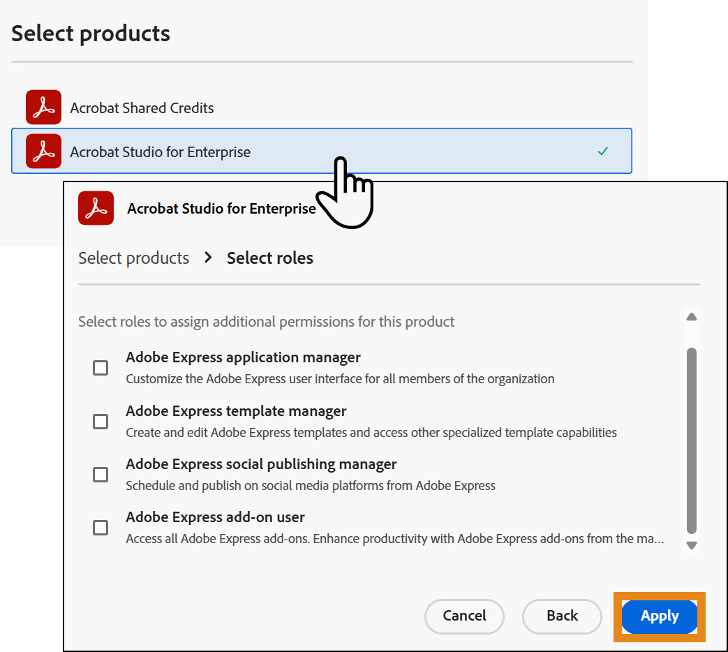 Adobe Admin Console showing a user group entitlement with the Select a Product and Select Roles panels open for assigning product access.