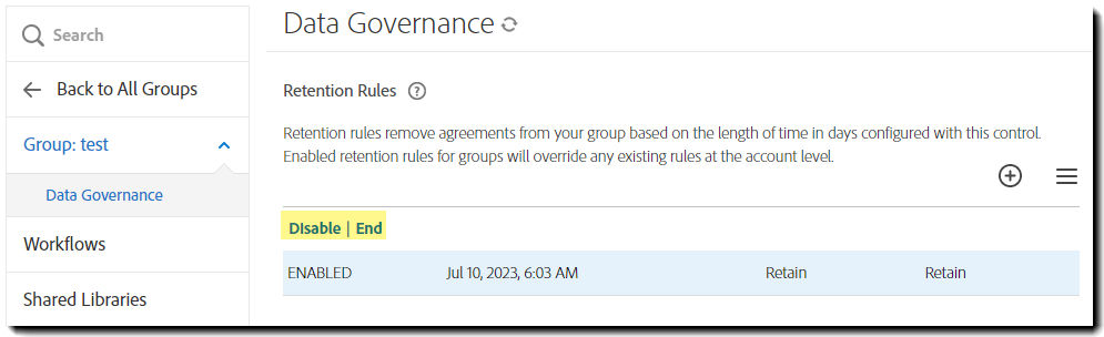 A selected retention policy with the actions highlited