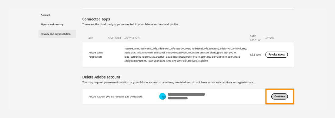 Select Continue to delete your Adobe account