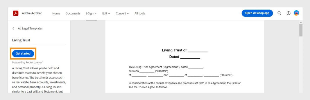 템플릿 미리 보기 페이지에 '시작하기' 옵션이 강조 표시되어 있습니다.