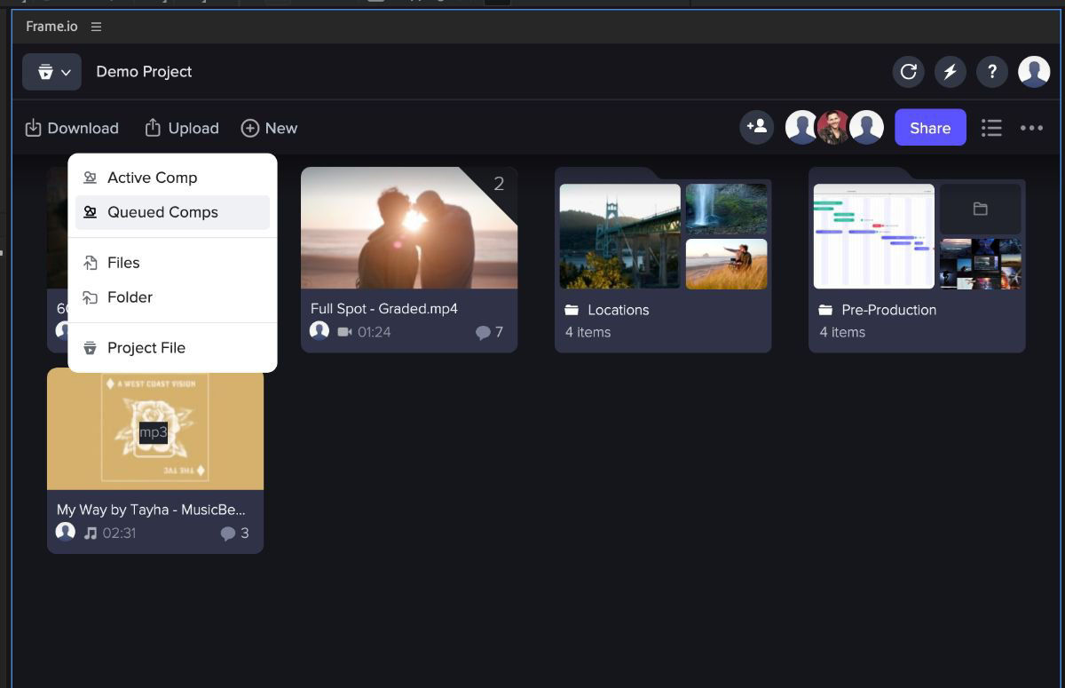 Select Upload > Active Comp (or any other option) in the Frame.io panel.