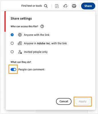 Share settings window is displayed.