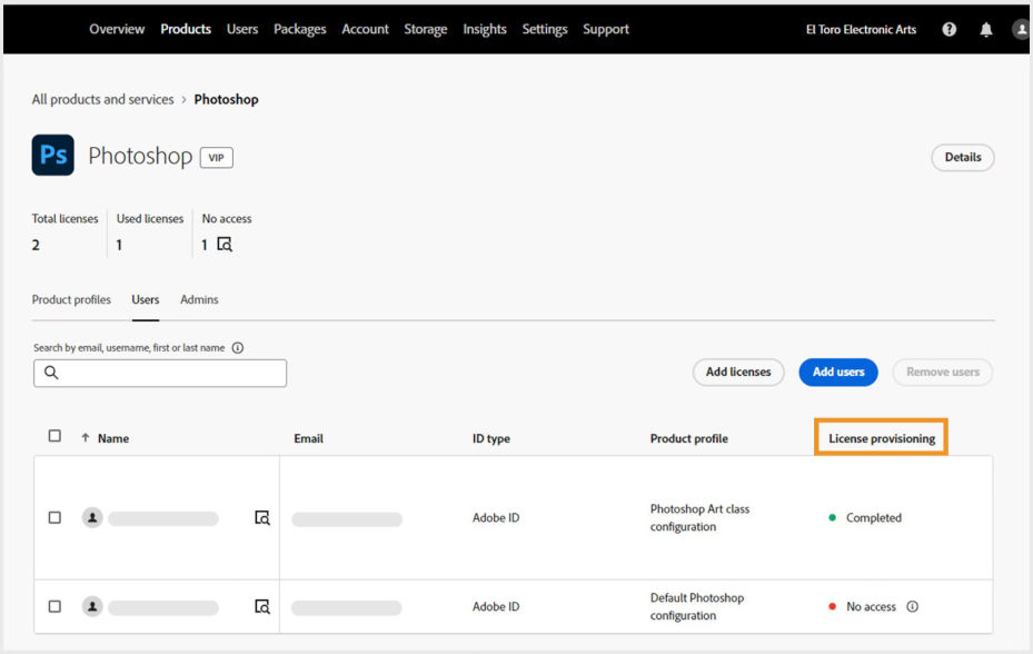 Select the Users tab view the license provisioning status.