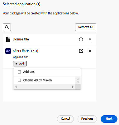 Selected applications panel showing an application with add‑ons options.