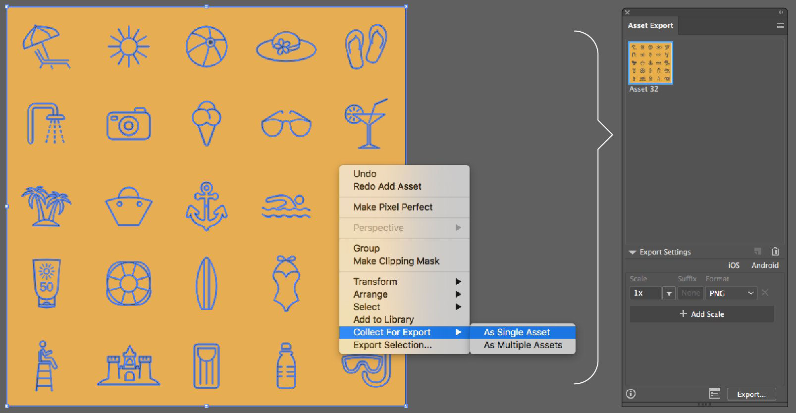 Selected artwork and the context menu show Collect for Export > As Single Asset, with one combined asset in the Asset Export panel.