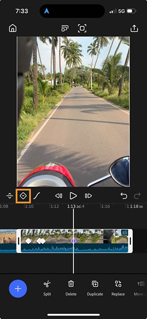Selected keyframe shown on the timeline with the delete keyframe option highlighted.