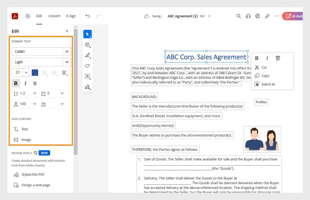 Selected text on the PDF file displays a pop-up menu with quick Edit tools. The Edit pane on the left is highlighted. 