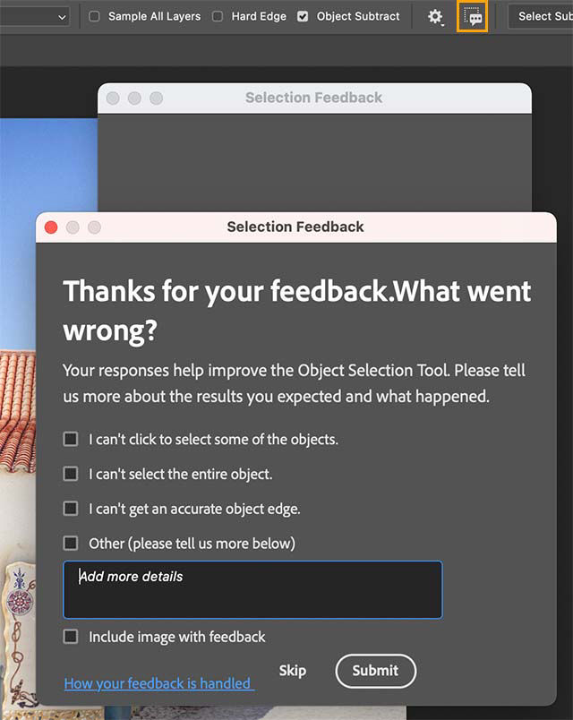 Feedback dialog for object selection