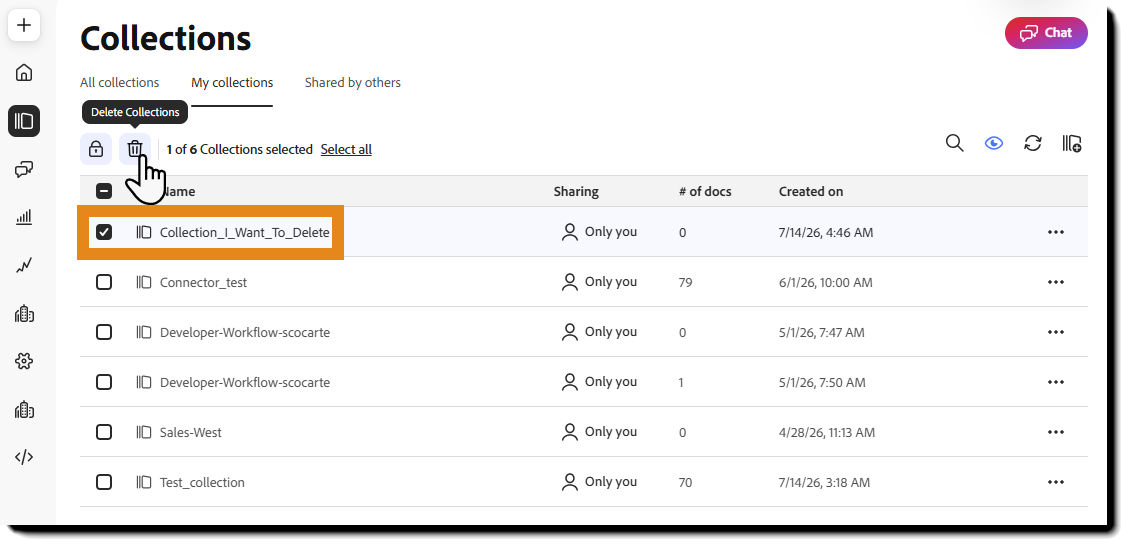 The collection page with the Delete icon highlighted