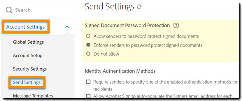 The Send Settings admin menu highlighting the "Signed Document Password Protection" controls.