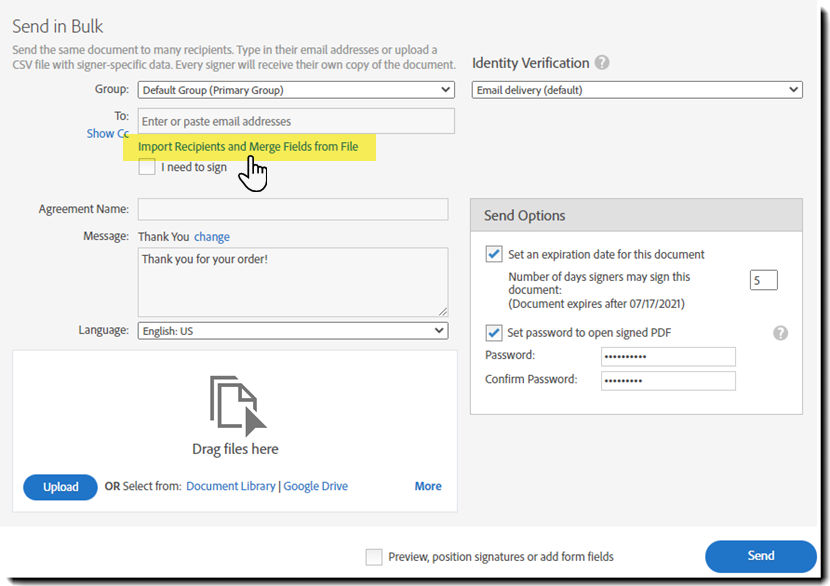 Import recipients and merge fields from file