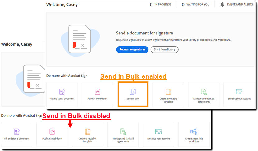 Two images of the home page, one showing the Send in Bulk tile highlighted (enabled) and the other showing that the tile is absent (disabled)