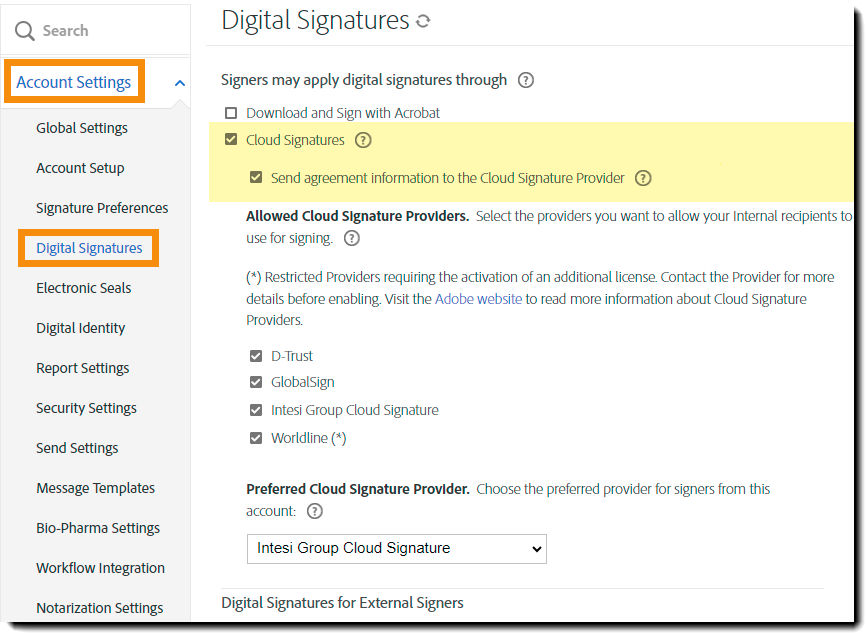 The Digital Signature configuration page with the "Send agreement information to the Clouod Signature Provider" option highlighted.