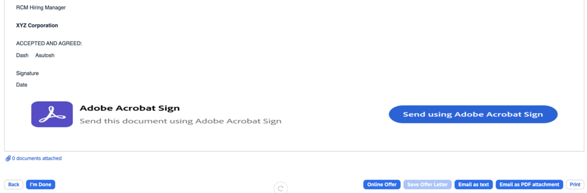 Offer sharing dialog box is open. Select Send using Adobe button is highlighted