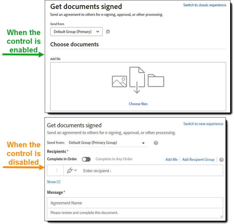 The two environments with indicator text describing which is the default when the control is enabled or disabled.