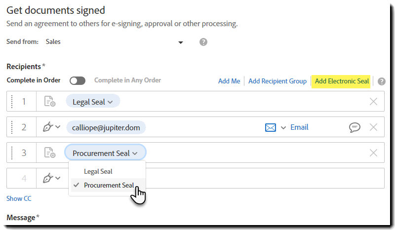 Add the Electronic Seal as a recipient