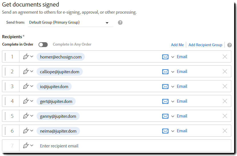 Six recipients configured for an agreement