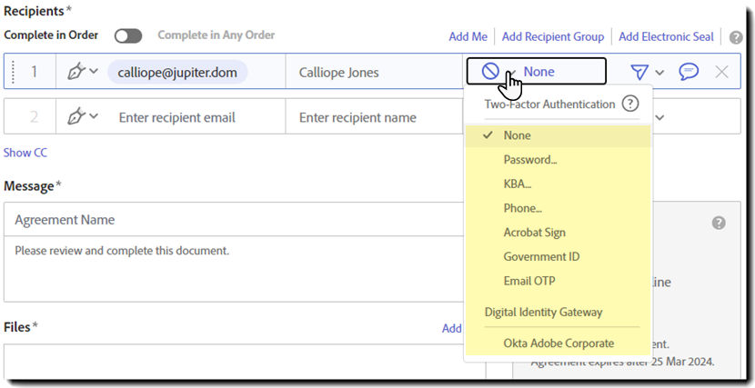 Select the authentication method for the recipient