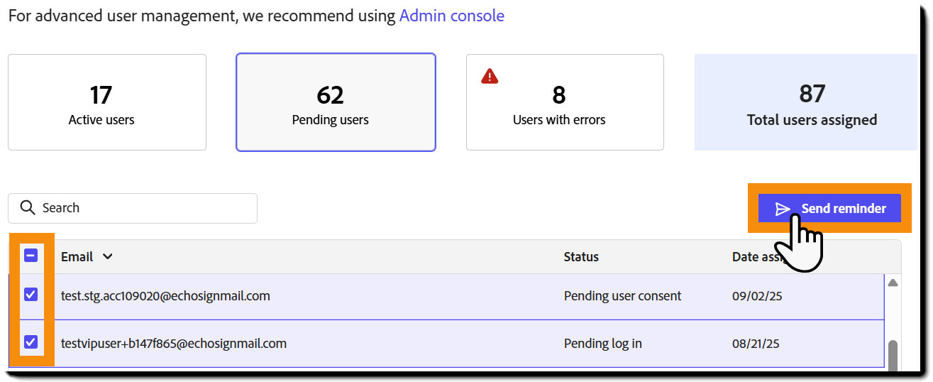 The "Pending users" view with the Send reminder button highlighted