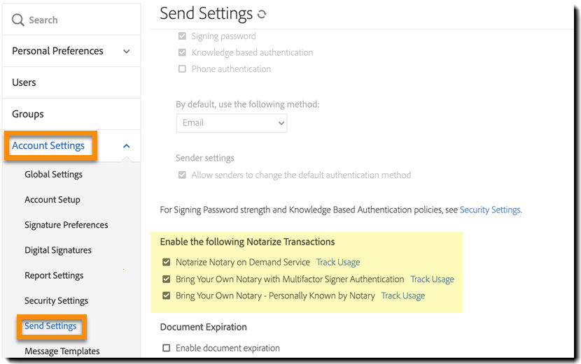 Send Settings page with the Notarize settings highlighted