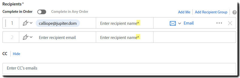 The Send page with the recipient name requirement asterisk highlighted