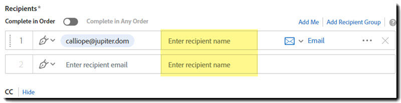 The Send page with the recipient name highlighted