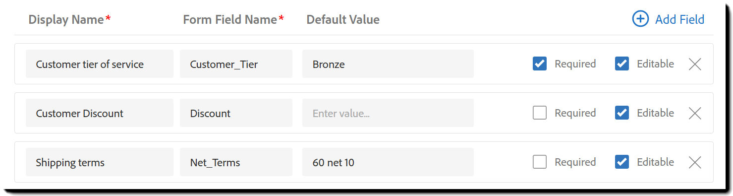 The Sender Input Fields tab showing a few form field defaults