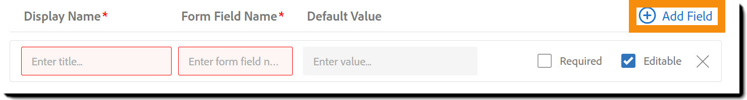 The Sender Input Fields tab highlighting the Add Field button