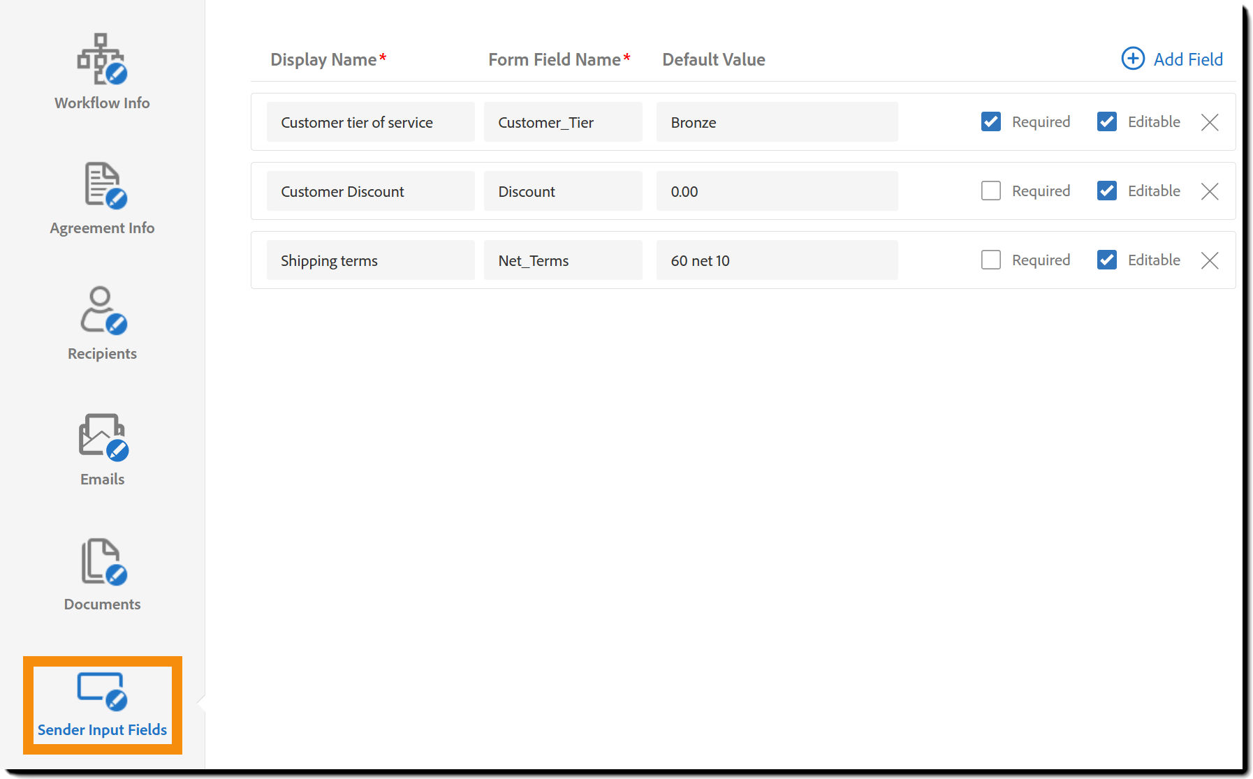 The Custom Workflow Designer showing the Sender Input Fields