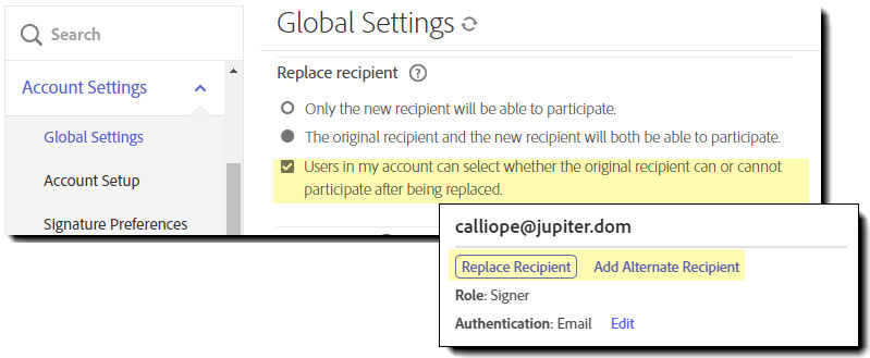 The Global Settings admin menu highlighting the option for Senders to select their action with an inset of the Manage page controls for the sender.