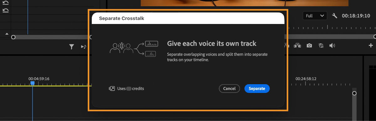 Separate Crosstalk dialog with information about separating overlapping voices into individual tracks, an indicator showing generative credit usage, and a Separate button to start processing.