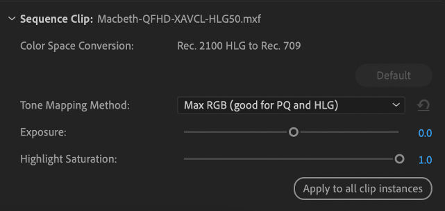L’interface utilisateur affiche les paramètres des clips séquence avec la possibilité de sélectionner la Méthode de mappage de tonalité.