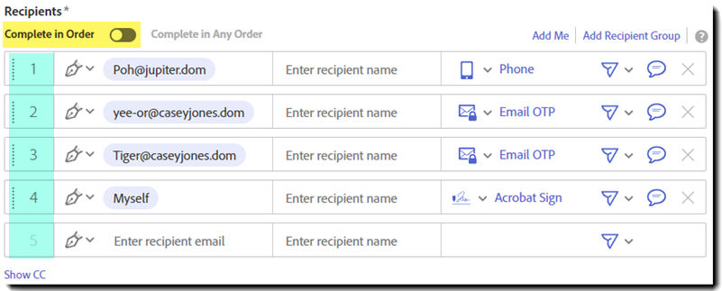 Sequential signature on the Send page