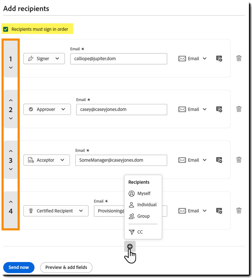 Parallel signature configuration on the Send page with the enabled "Recipients must sign in order" control highlighted and the recipient index numbers identified.