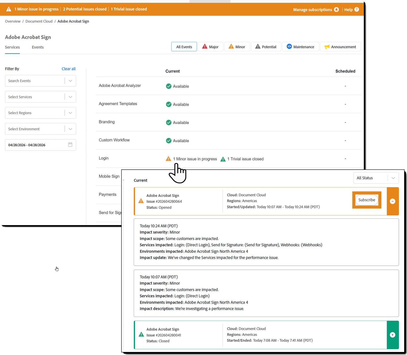 The Adobe server status page with the Acrobat Sign service selected and expanded.