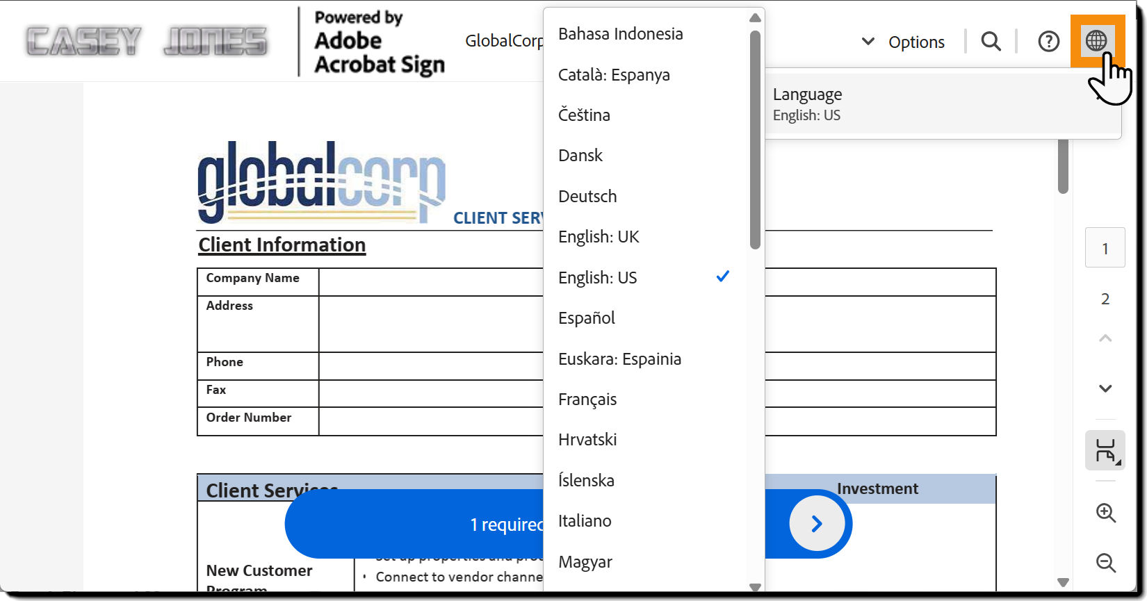 The e-sign page with the languages dropdown expanded and highlighted.