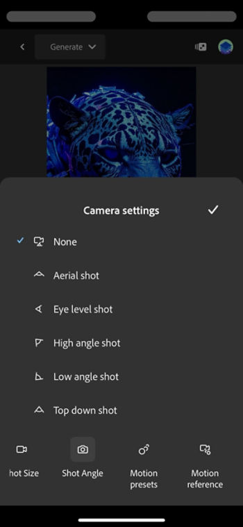 The Text to video screen in Firefly displays the Camera settings menu with the Shot angle tab open with various options like Aerial shot and Low angle shot.