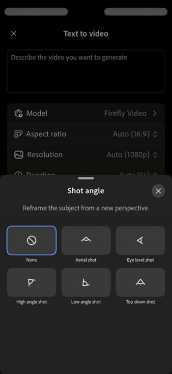 The Text to video screen in Firefly displays the Shot angle menu with various options like Aerial shot, Eye level shot, and Low angle shot.