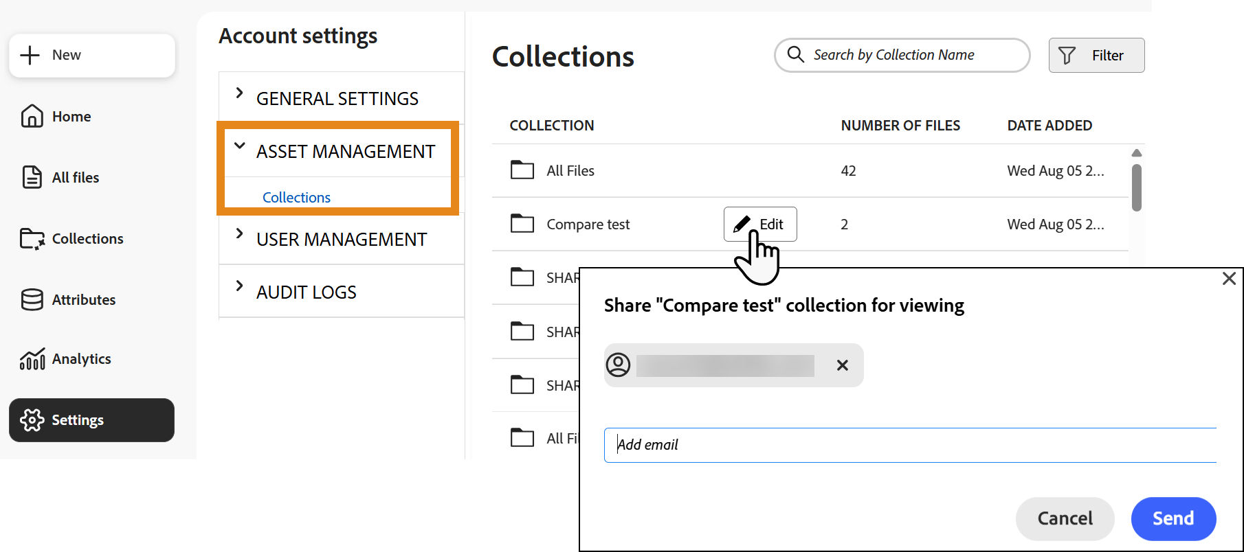Asset Management showing the Share collection for viewing panel used to grant users access to a shared collection.