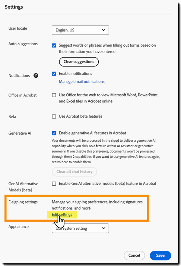 The Acrobat Pro Settings menu with the link to manage e-sign settings highlighted